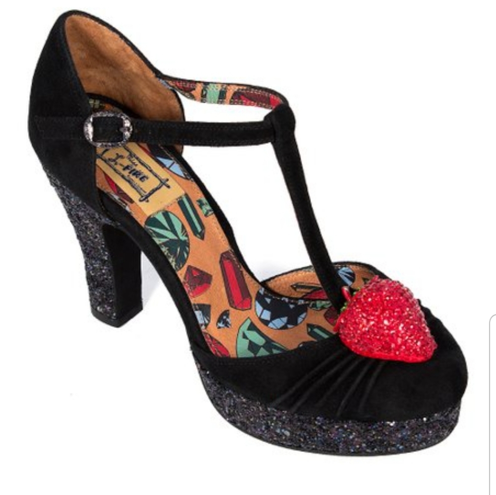Miss L Fire Black Strawberry Glitter Heels 6